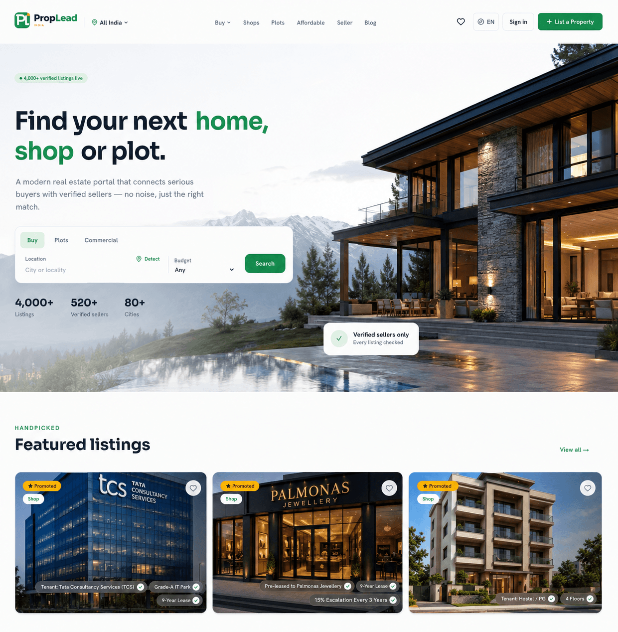 PropLead India — real estate portal homepage