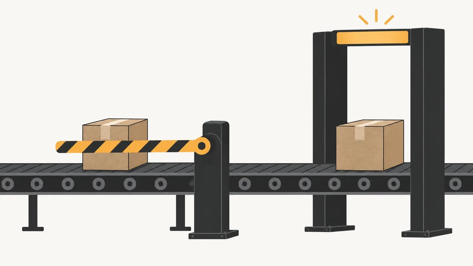 Flat vector illustration of two sealed parcels approaching a checkpoint gate, one passing through and one held at the barrier