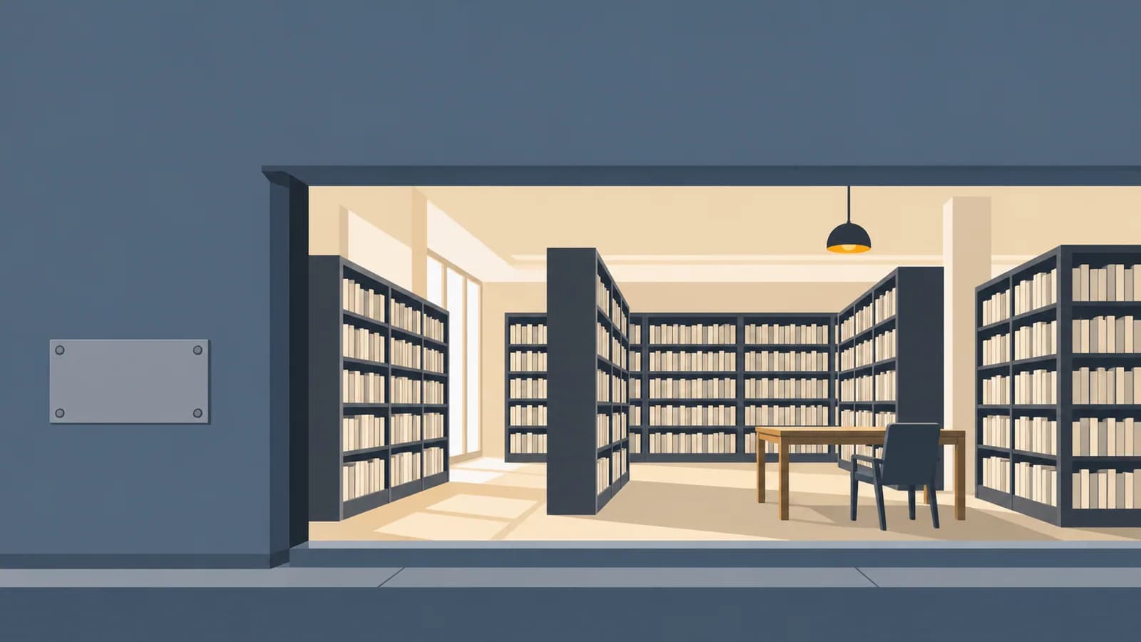 Flat vector illustration of a brightly lit library interior with every shelf full, seen through a wall in which the only deposit slot has been covered over with a plain metal plate