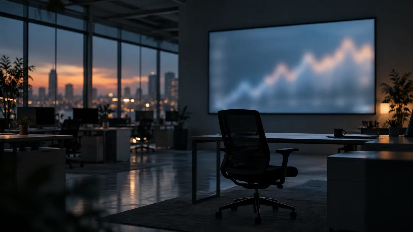 Editorial photograph of a darkened office at dusk with a single large wall-mounted screen showing a faded, out-of-focus line chart, the chair in front of it empty and pushed back