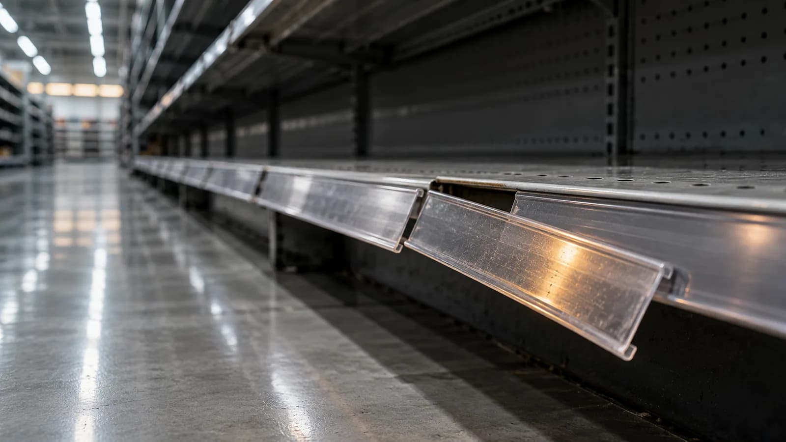 Editorial photograph of a long supermarket shelf edge lined with empty blank price-tag rails, one rail hanging loose, shallow depth of field