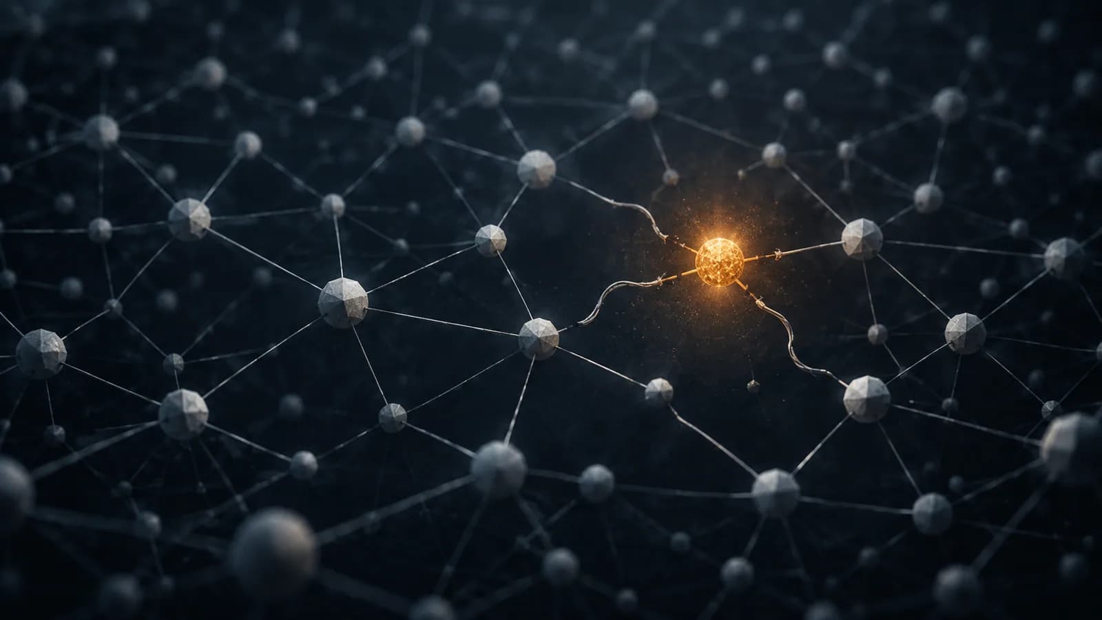 Editorial illustration of a dark navy network of connected automation nodes with a single node glowing amber at a breach point