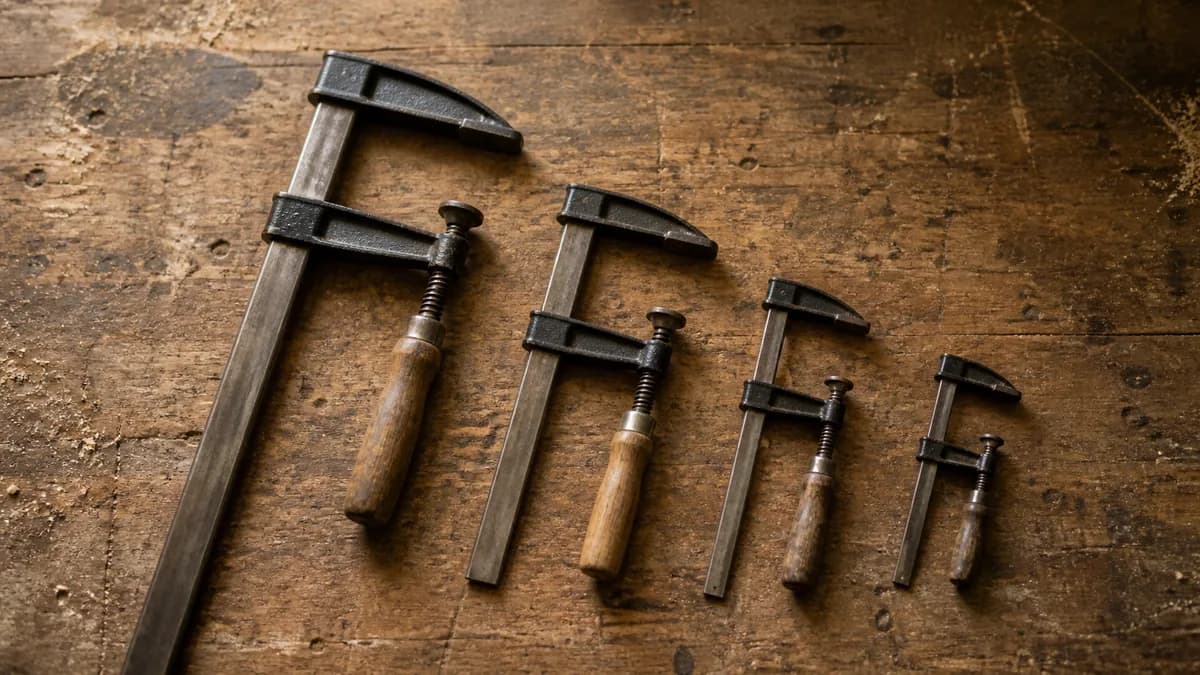 Editorial photograph of a workshop bench with four differently sized clamps laid in a row on worn wood