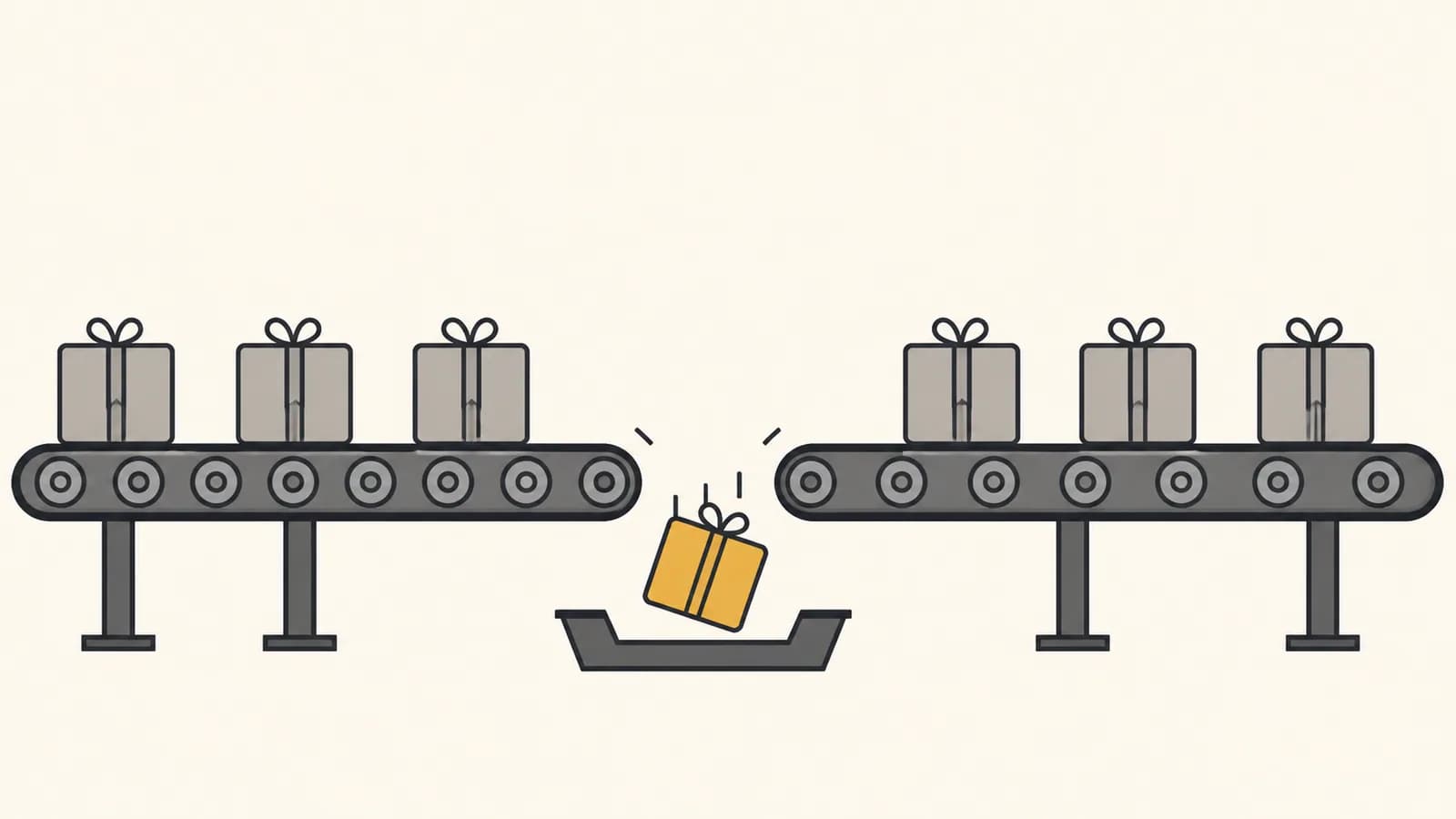 Flat vector illustration of parcels moving along a conveyor belt, one falling off a gap in the line into a catch tray below