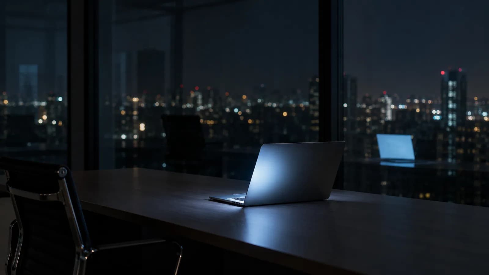 Editorial photograph of a single lit laptop on a desk at night, its glow reflected in a dark floor-to-ceiling office window that also shows the empty room behind it